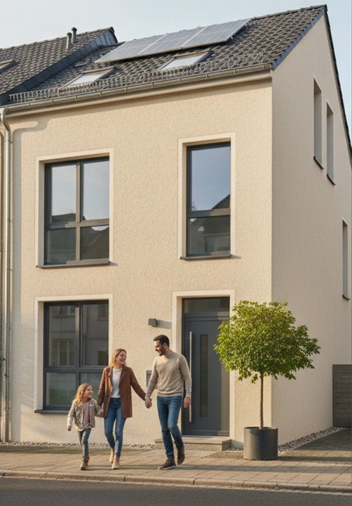 Familie vor einem energetisch sanierten Wohnhaus mit Photovoltaikanlage